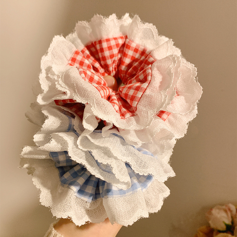 Spring and summer fresh and delicate floral checkered large intestine hair band, a high-end look for women, sweet forest-themed bun hair rope, large headwear pic 26