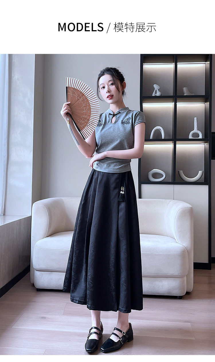 New Chinese-style satin skirt for women in spring and summer, gentle, high-waisted, slimming, large swing, retro jacquard, Chinese-style horse face skirt, Chinese trend pic 15