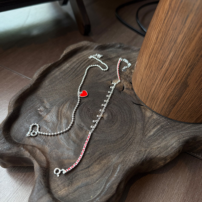 925纯银红色爱心脚链女日韩国简约手工圆珠脚镯学生闺蜜配饰详情12