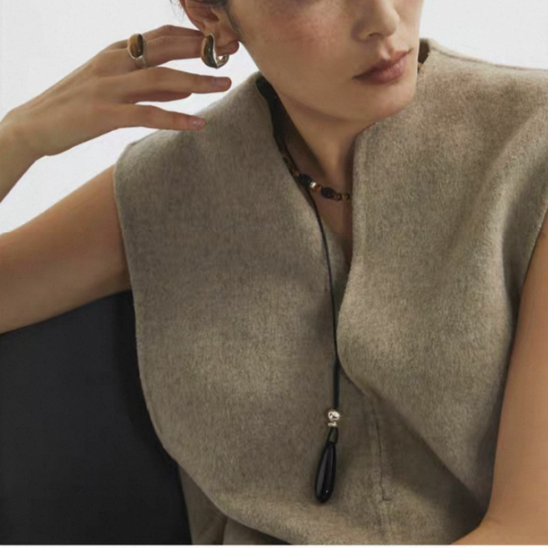 新款黑色玛瑙水滴项链女小众轻奢设计感卫衣链时尚气质颈链锁骨链详情4