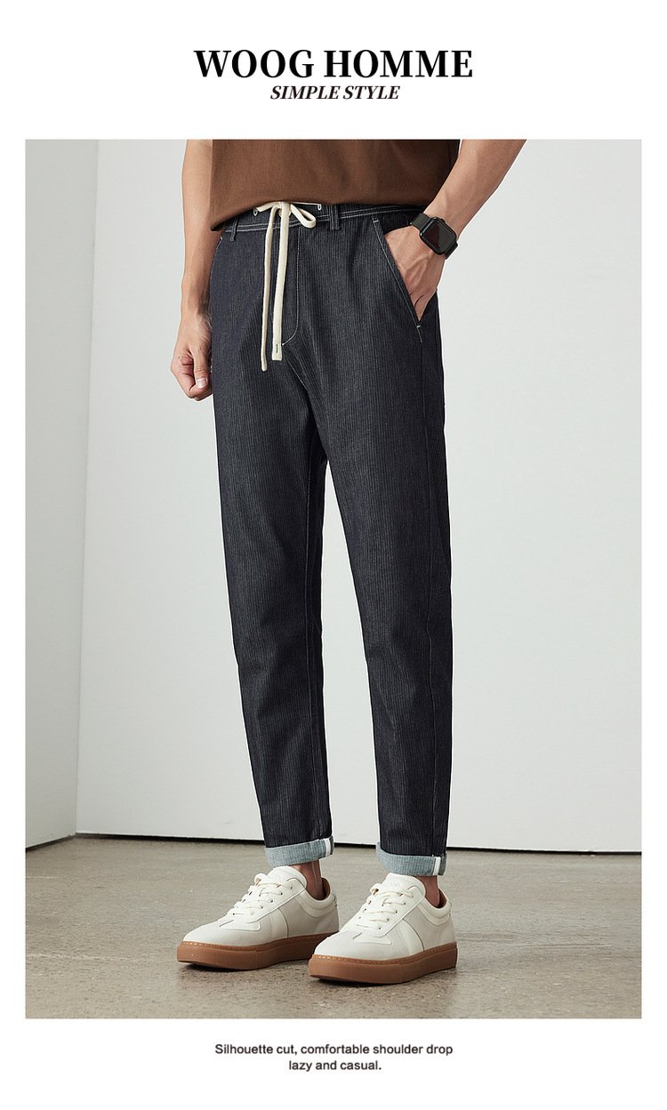 WOOG2005辑明线黑色水洗牛仔裤男2025夏季新款百搭抽绳直筒长裤子详情1