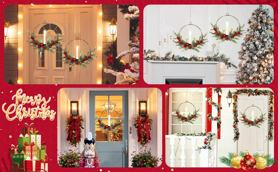 跨境圣诞节烛台花环仿真松针带松果门挂墙饰家居节庆气氛布置壁挂详情7