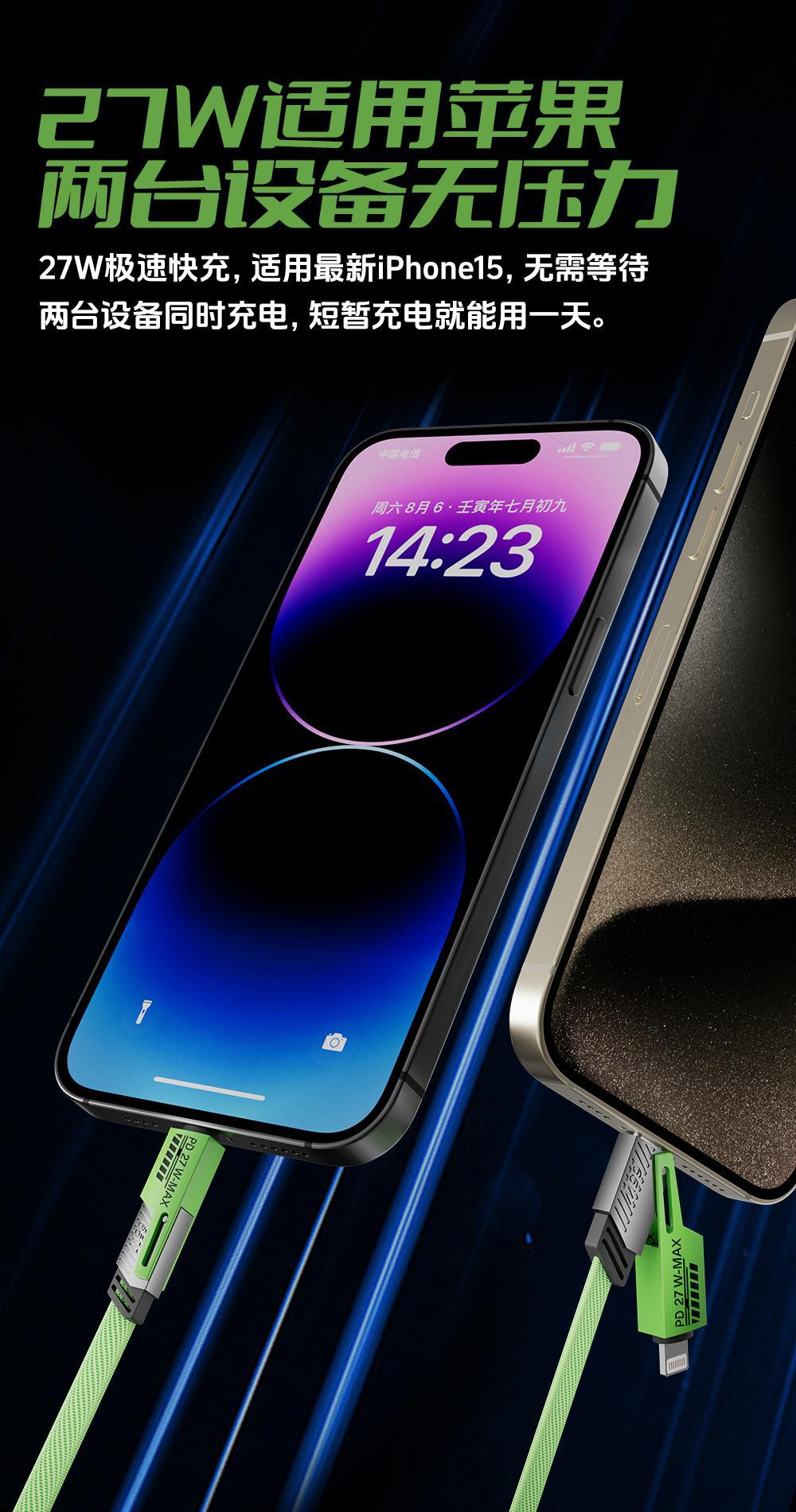 【现货批发】倍魔绿色机甲数据线四合一超级快充65W二拖二充电线.详情4