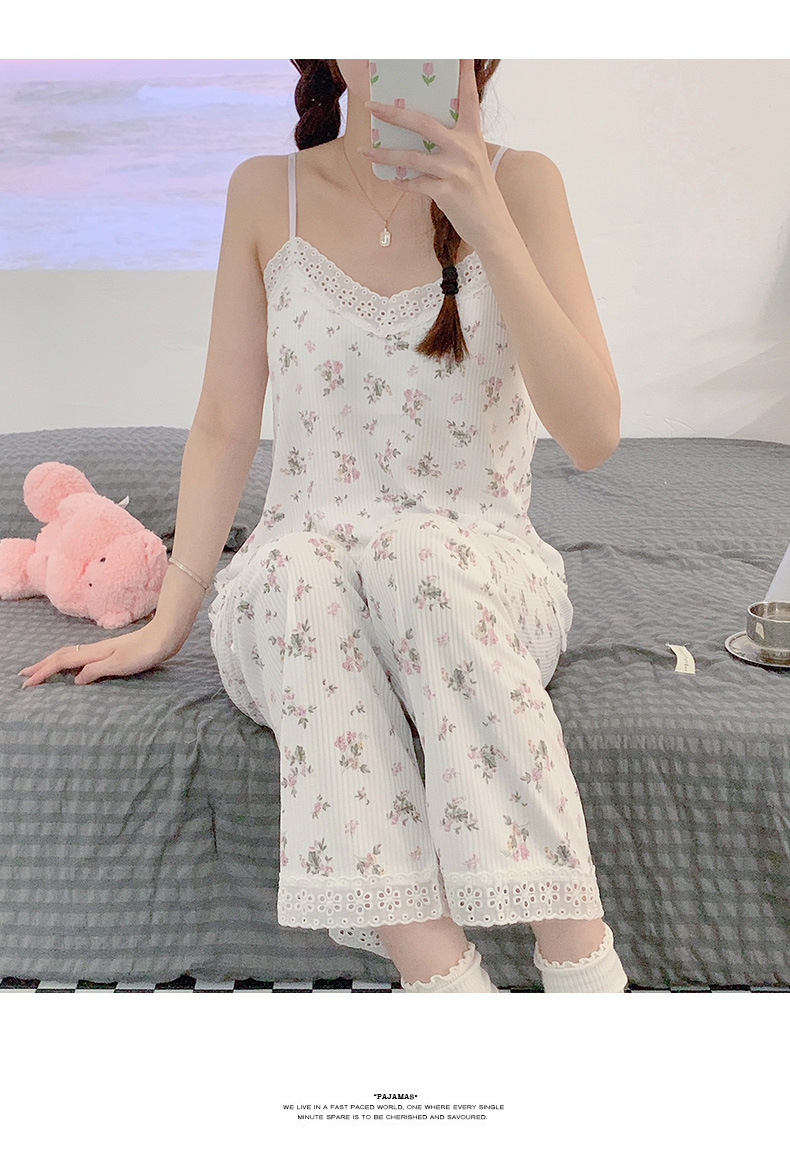 New spring and autumn pajamas for women with breast pads, sexy halter tops, long-sleeved shirts and long pants, three-piece set, lace floral home wear pic 14