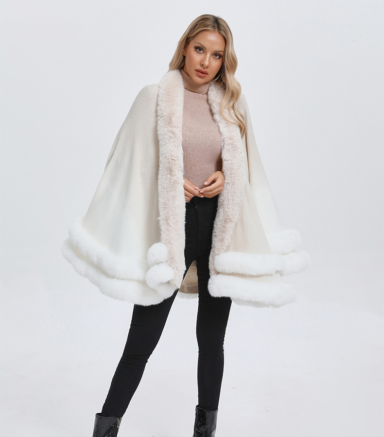 厂家定制 外贸亚马逊双层毛领斗篷披肩仿狐狸毛毛领披风加工开衫详情8