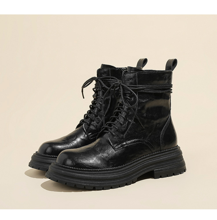 英伦复古系带厚底马丁靴秋冬季单靴精致手抓纹粗跟短靴女机车靴子详情37