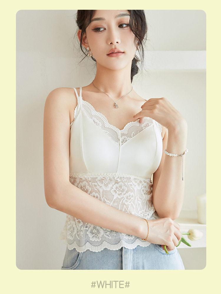 轻奢缎面蕾丝美背内衣女吊带长款带胸垫小胸聚拢内衣外穿打底衫详情14