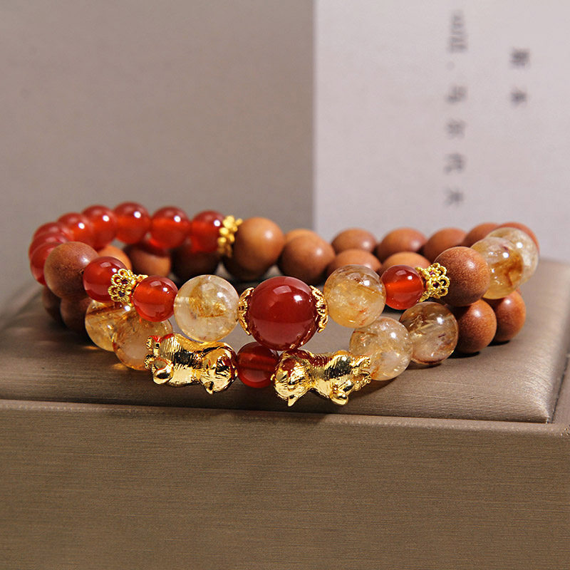 Natural red agate and agarwood double-ring bracelet for women, light luxury, niche and high-end feel, yellow tower crystal wealth attraction cat bracelet pic 2