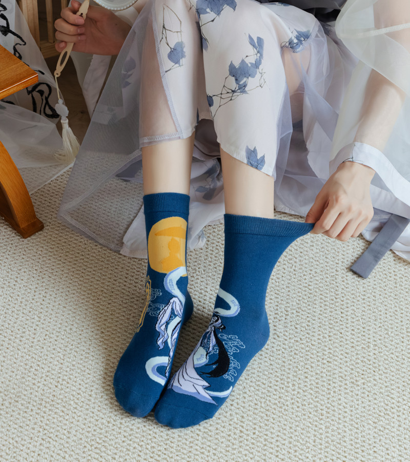 国潮袜子女原创设计古风水墨画AB鸳鸯女棉袜敦煌飞天白蛇传潮流中筒袜详情16