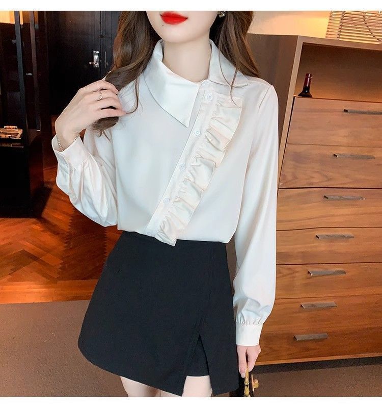 Irregular ruffled lapel shirt top for women, a unique and stylish autumn/winter 2025 new style shirt pic 15