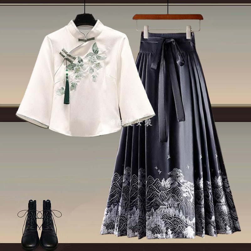 国潮黁白薄荷绿新中式古风连衣裙女夏季新款风汉服上衣马面裙套装详情11