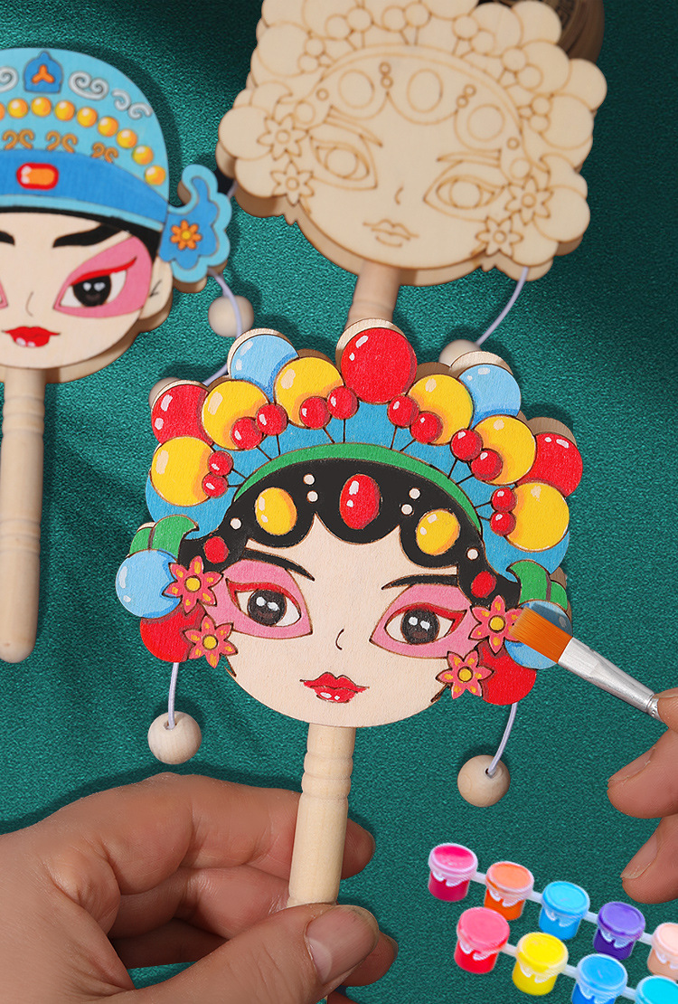 京剧脸谱拨浪鼓diy儿童手工木质国潮手持玩具绘画涂色木白胚详情14