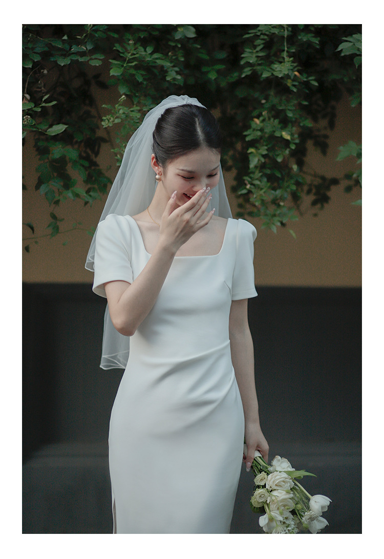 白色法式小礼服方领短袖修身微弹力长款领证订婚小晚礼服连衣裙详情13