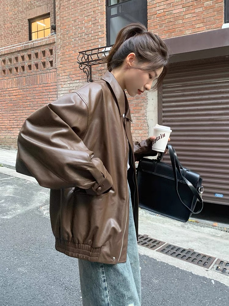 复古棕色皮衣女短款2024春秋季小个子韩版宽松皮夹克帅气机车外套详情2