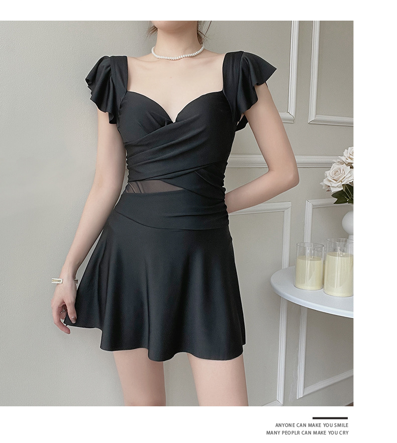 泳衣女款连体纯色法式泳衣批发保守显瘦钢托文胸连衣裙式泳衣温泉详情11
