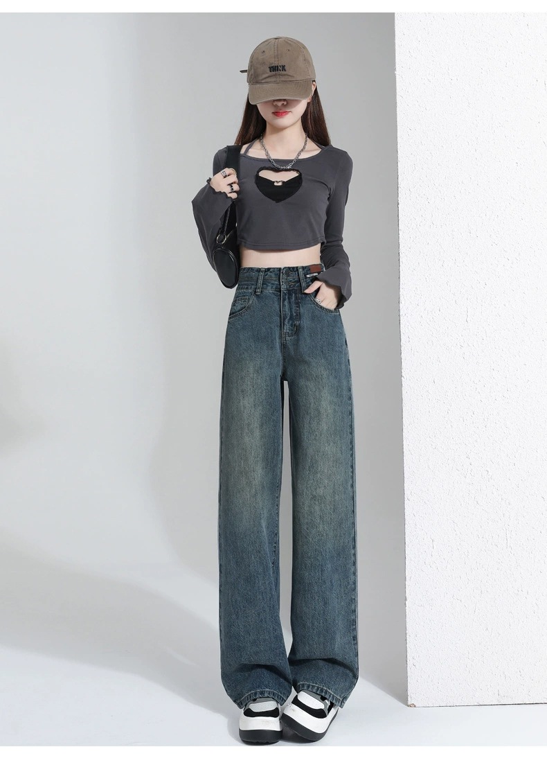 2025 New best-selling spring and autumn straight-leg slimming wide-leg jeans for petite women, high-waisted loose pants pic 13