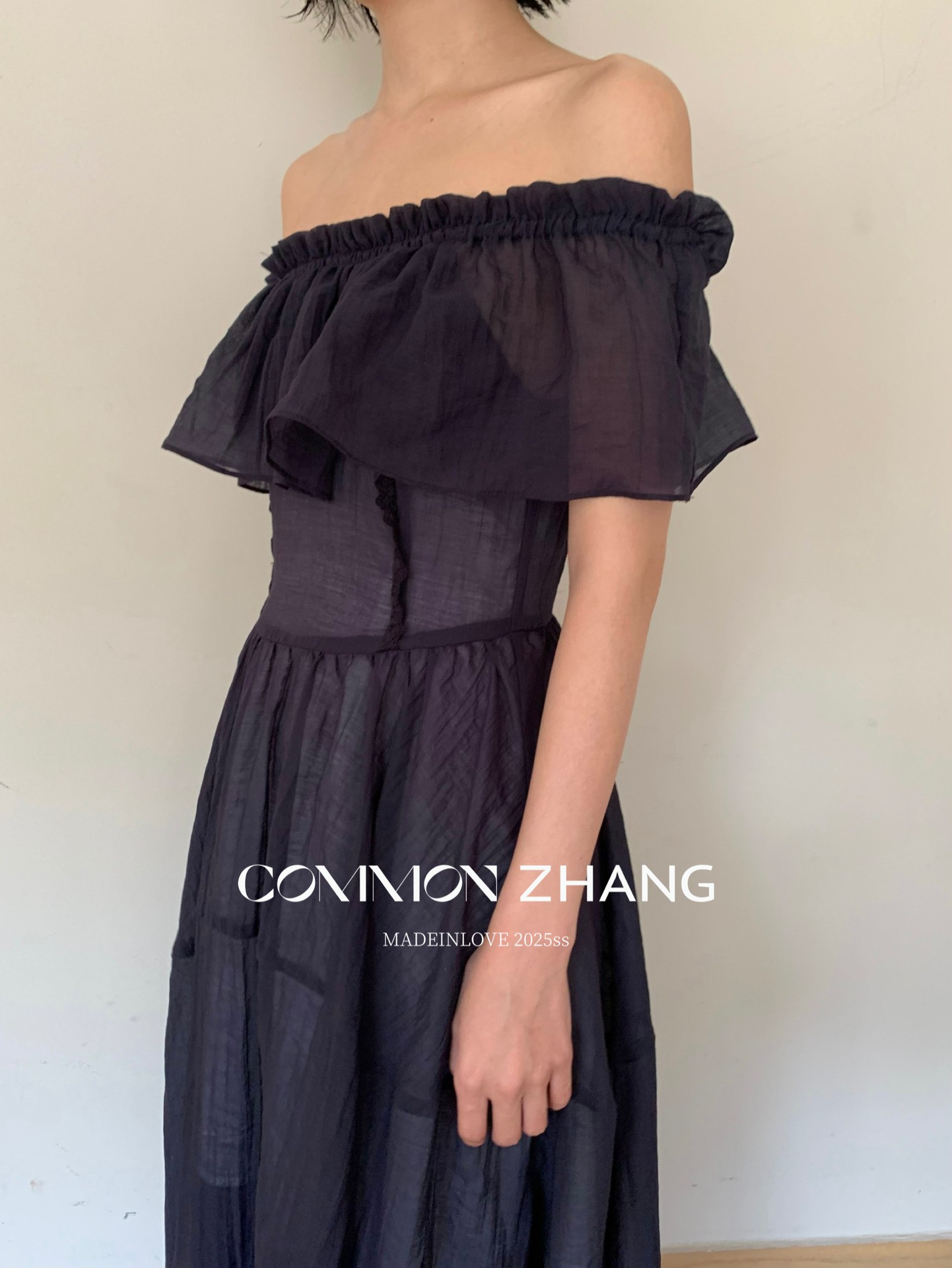 CZ ZHANG Summer French lace patchwork one-shoulder off-the-shoulder sexy slightly transparent texture dress for women B26857 pic 17