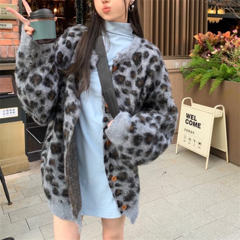 美式复古风宽松豹纹提花毛衣外套女2024秋冬加厚时尚休闲针织开衫详情7