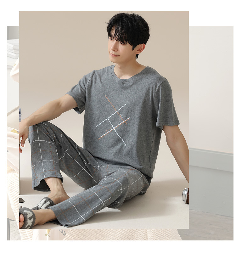 Summer pure cotton pajamas for men, cartoon casual short-sleeved shirts and long pants, pure cotton comfortable home wear, summer youth student set pic 129