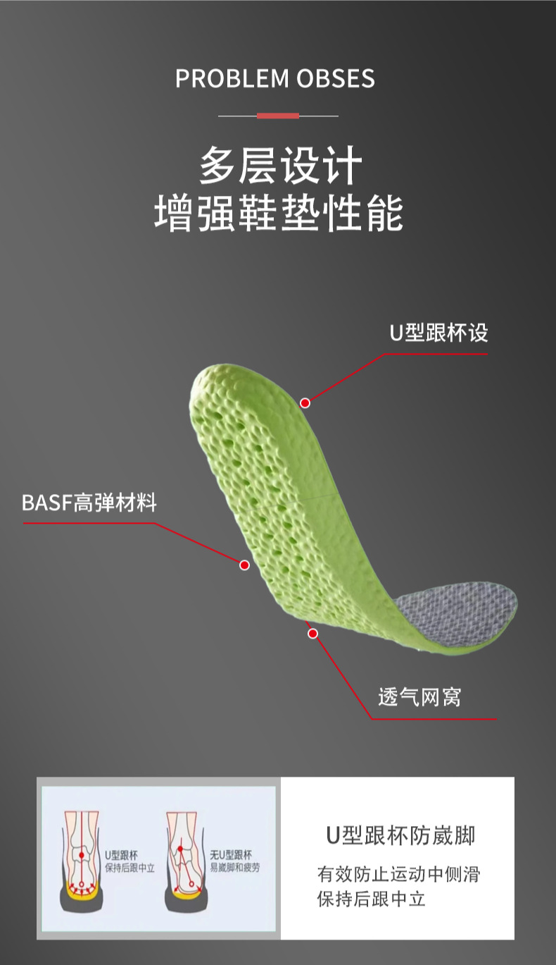 踩屎感高弹缓震艾草鞋垫久站不累运动鞋垫防臭吸汗军训鞋垫缓解详情6