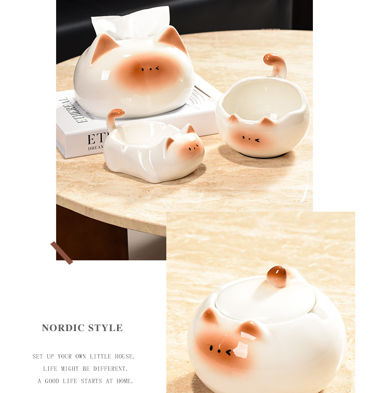 创意可爱暹罗猫陶瓷烟灰缸客厅办公室桌面防飞灰带盖烟缸装饰摆件详情7