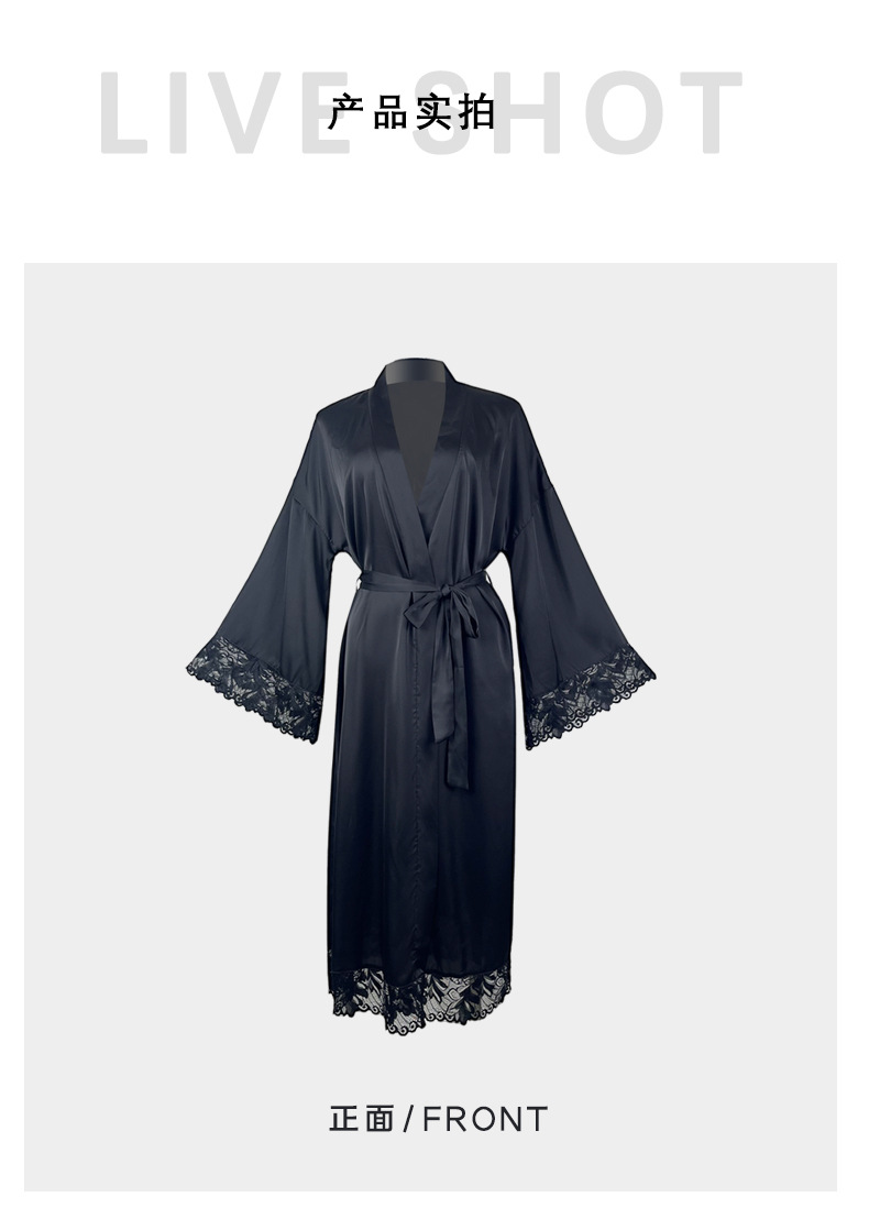 A black and white V-neck lace-trimmed mid-length, slit, light luxury and sexy nightgown for export, 682 pic 6
