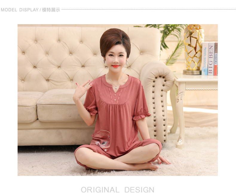 夏季莫代尔睡衣女短袖七分裤中老年妈妈套头宽松套装薄款家居服详情4