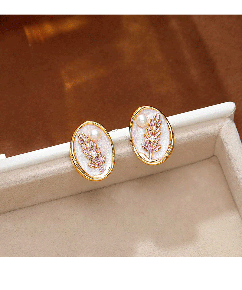 Hyacinth enamel pearlescent drop glaze oval Earrings, live-streaming bestsellers pearl earrings, French retro style oil painting wheat ear earrings pic 4