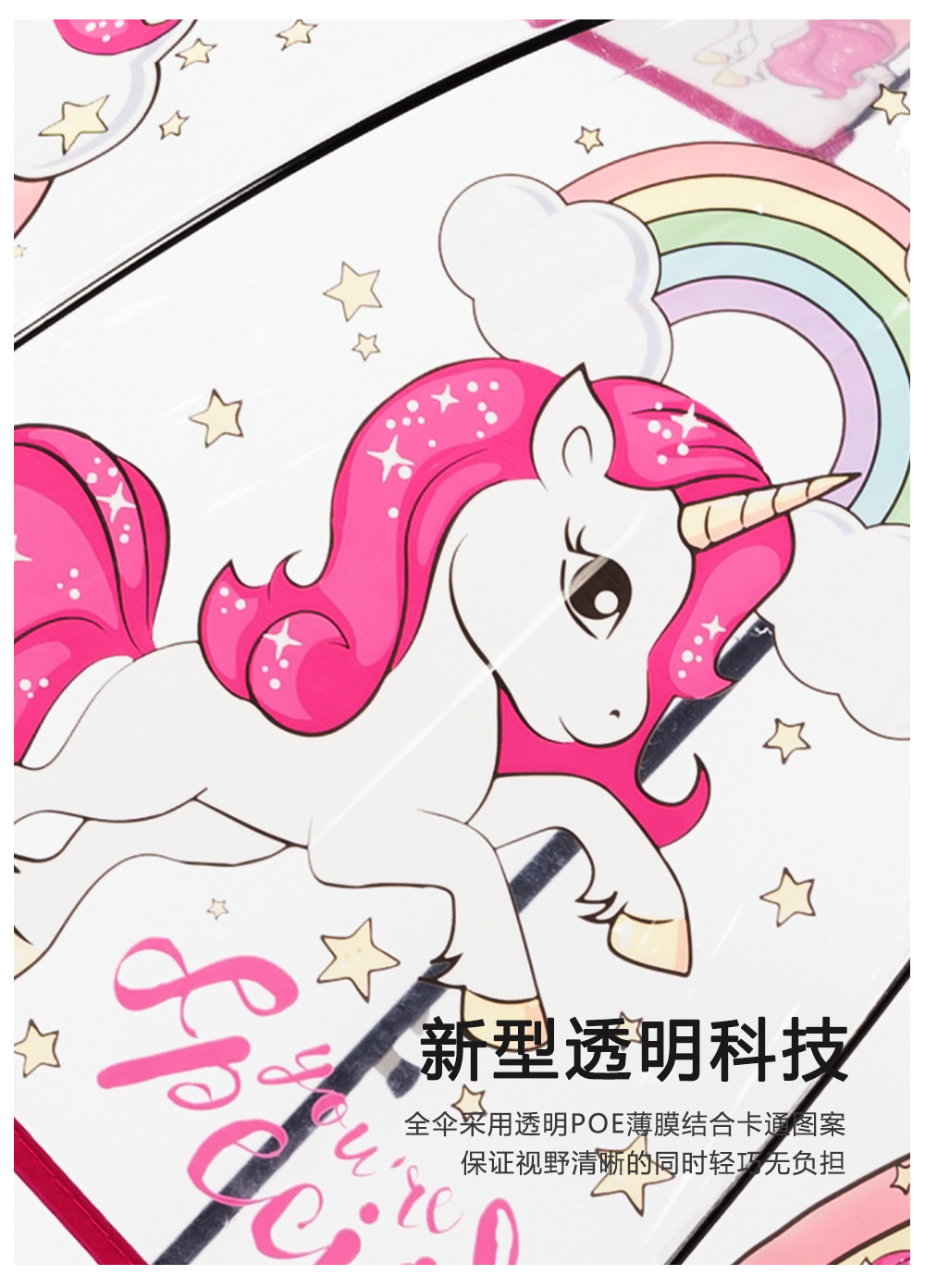 25新款儿童彩色公主伞带包边可爱透明塑料印刷独角兽雨伞现货批发详情6