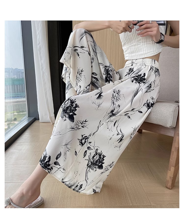 国潮水墨画印花冰丝阔腿七分裤子女夏季薄款2024新款高腰宽松垂感裤裙详情20