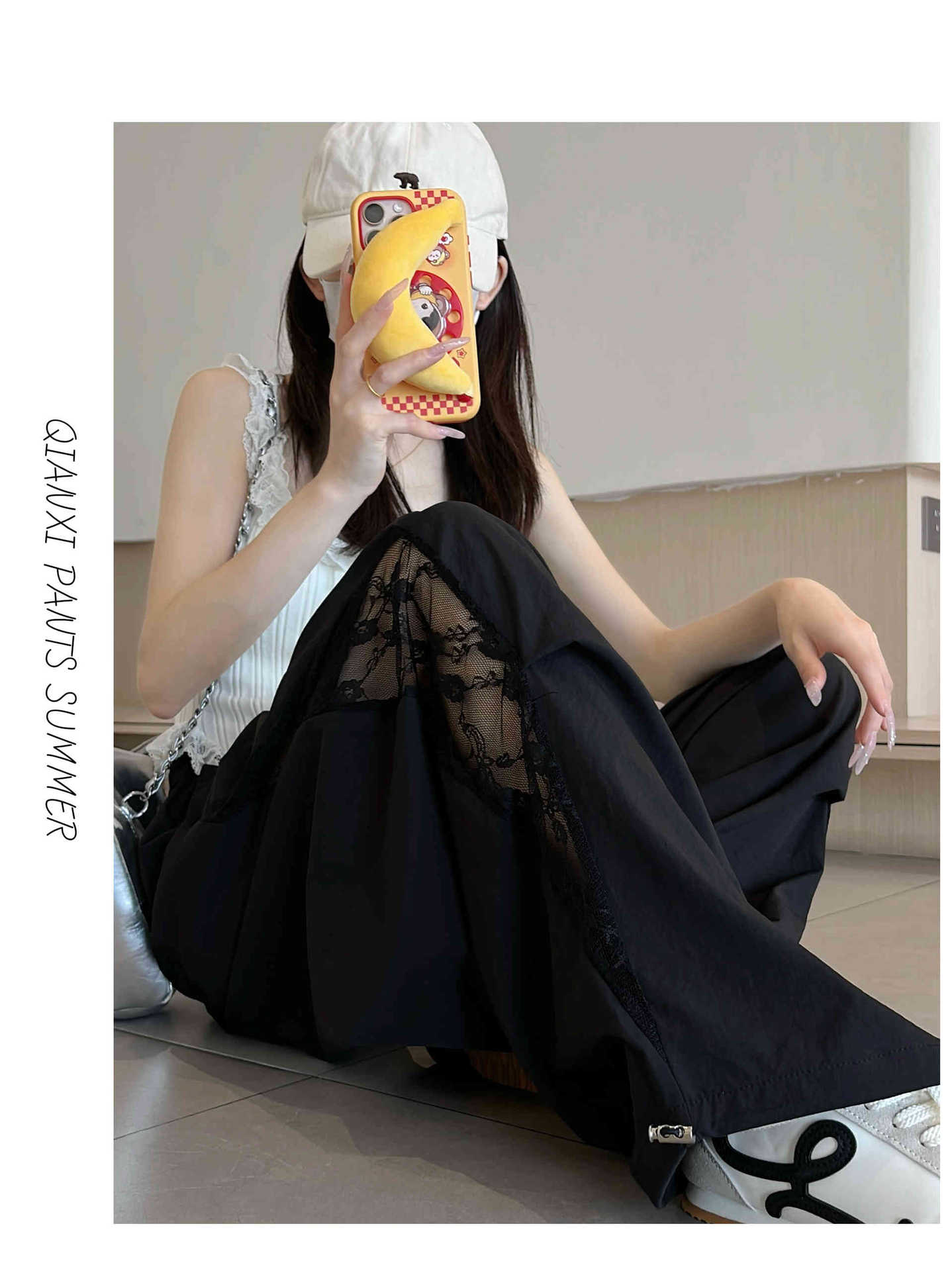 夏季薄款百搭蕾丝工装裤女2025新款镂空拼接宽松阔腿直筒裤子详情8