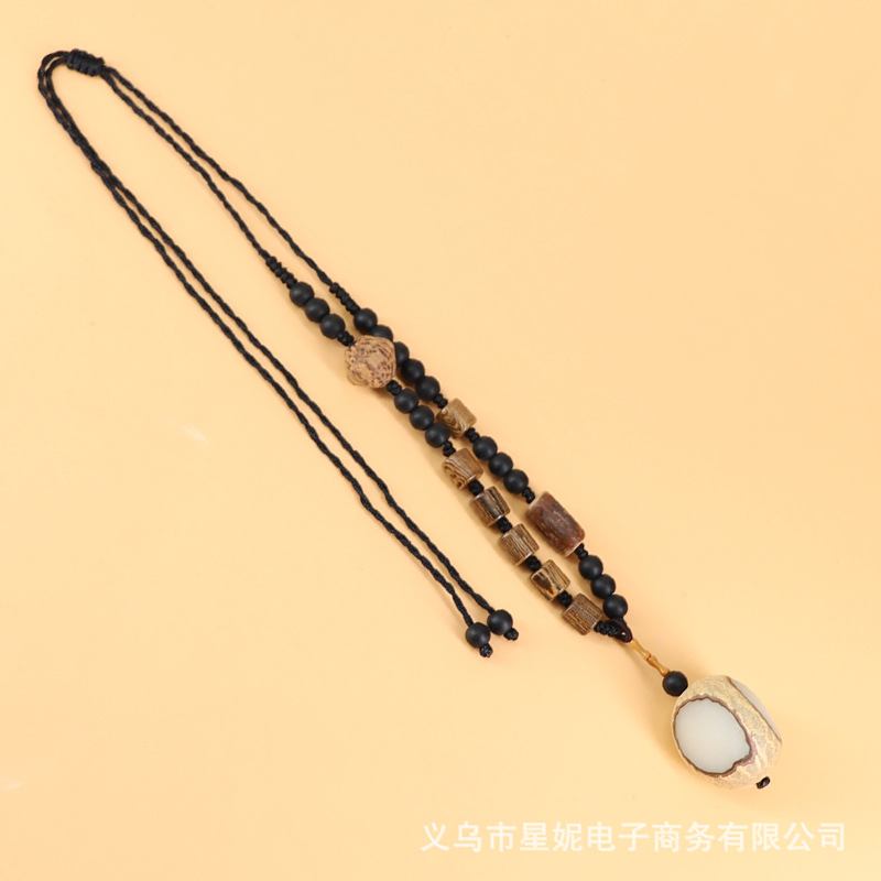古风流苏白玉菩提项链鸡翅木磨砂挂链长款男女毛衣链饰品配饰挂件详情20