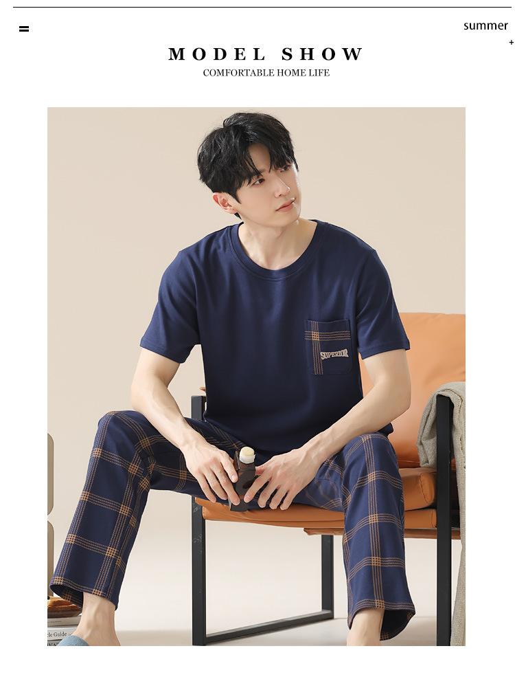 Summer pure cotton pajamas for men, cartoon casual short-sleeved shirts and long pants, pure cotton comfortable home wear, summer youth student set pic 6