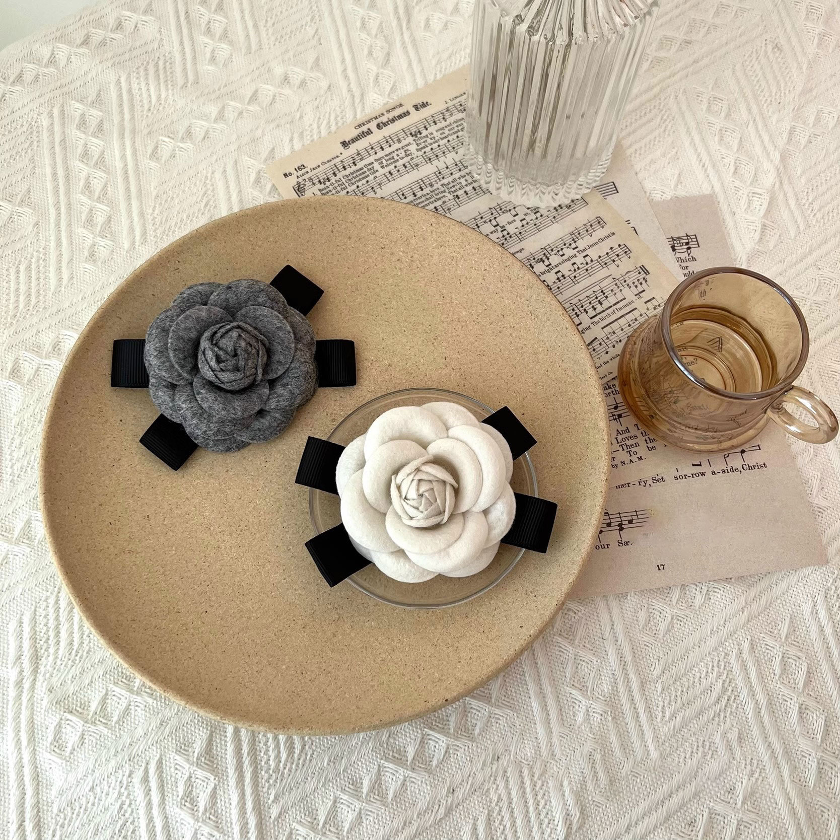 Little fragrant camellia bow brooch, colorful three-dimensional flower pin, woolen coat accessory, bow tie grey pic 5