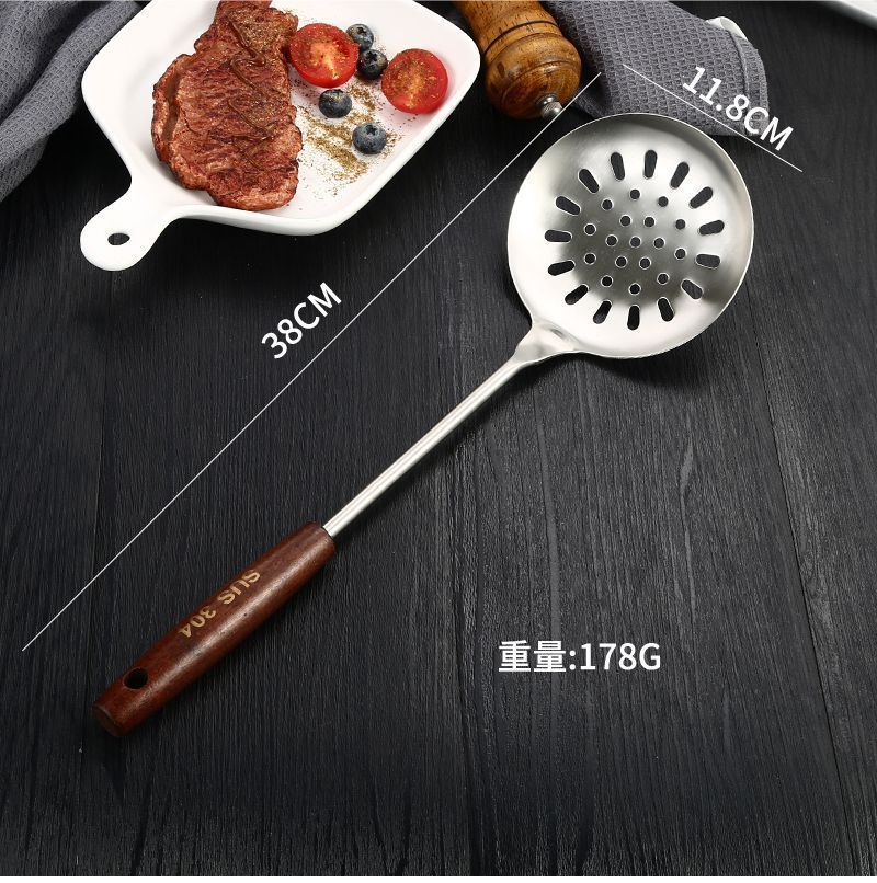 304 stainless steel spatula for household kitchen, thickened iron frying spatula, strainer, wooden handle, anti-scald kitchenware set pic 9