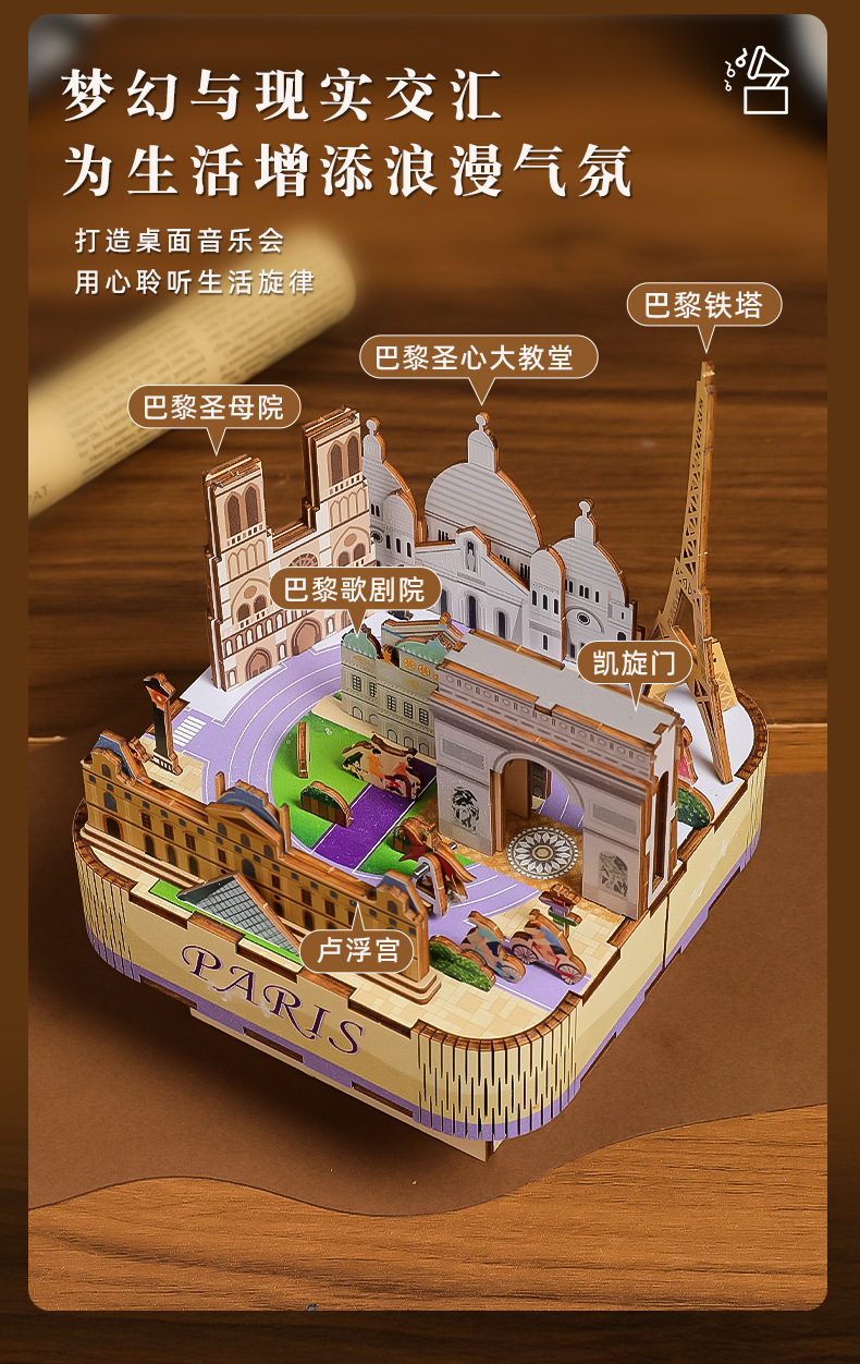 Cross-border exclusive Romantic Parisian wooden music box 3D stereoscopic puzzle diy handcrafted educational assembly model toy pic 7