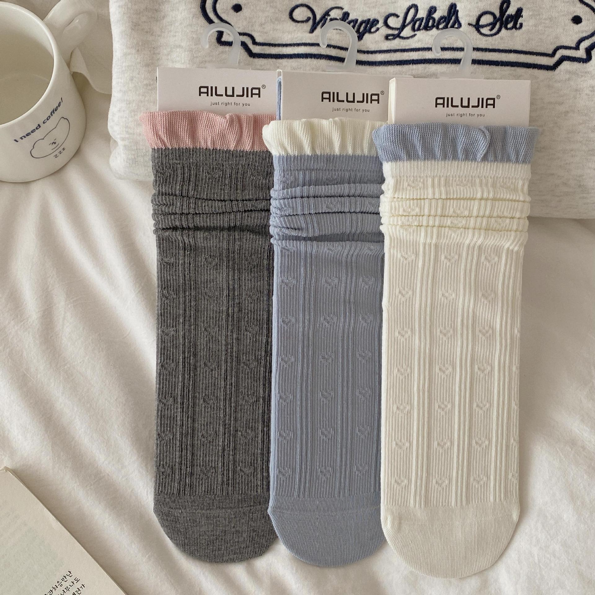 Autumn and winter new straight socks, Japanese-style color-blocking pure cotton lace mid-calf socks, Korean-style MIU-style boneless pile socks for women pic 6