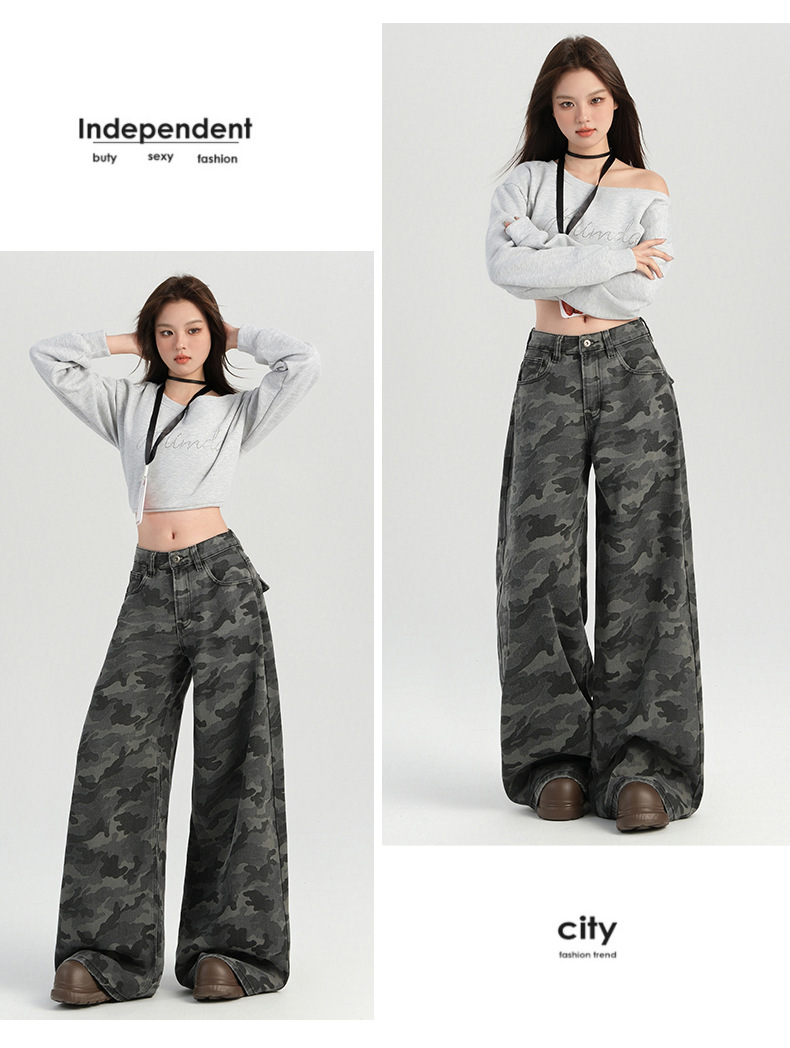 橙绢女装#美式辣妹迷彩高腰阔腿休闲裤女秋季新款高街显瘦拖地裤详情27