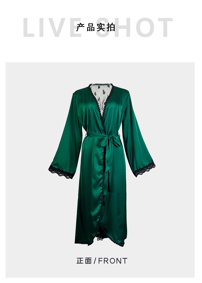 New cross-border light luxury long-sleeved V-neck satin lace patchwork long bathrobe, bathrobe and home wear for women, 657 pic 5