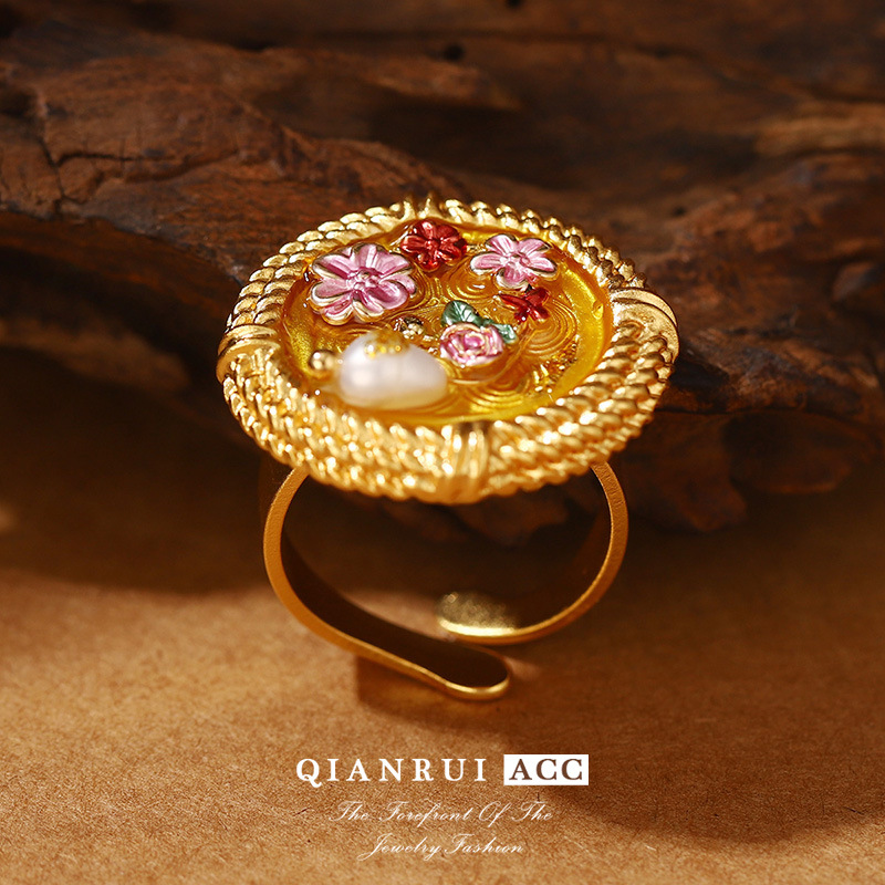 恶魔之眼珍珠夸张开口戒指莫奈花园油画系列流苏花卉珐琅耳环批发详情26