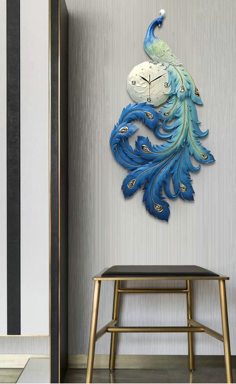 Amazon cross-border e-commerce three-dimensional relief new Chinese-style peacock wealth attraction living room wall clock decoration clock art clock pic 11