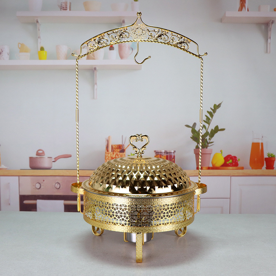 Round stainless steel hanging lid dining stove, hotel commercial food insulation container with bracket buffet stove pic 2