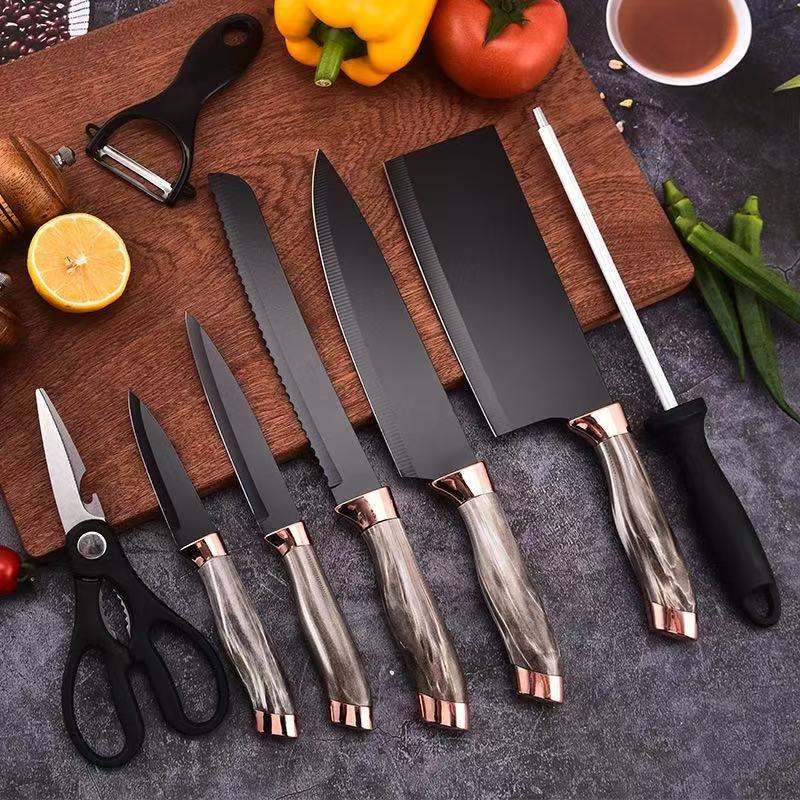 Wholesale of marble-patterned double electroplated head seven-piece set with square base, colorful kitchen gift box and knife set pic 7