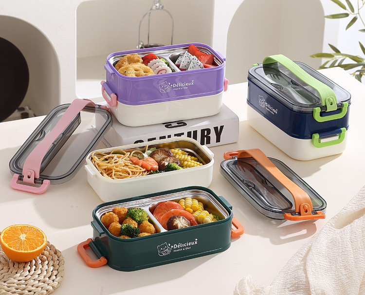 INS304 stainless steel double-layer handle lunch box with cutlery compartments, student lunch box, heating portable lunch box pic 21