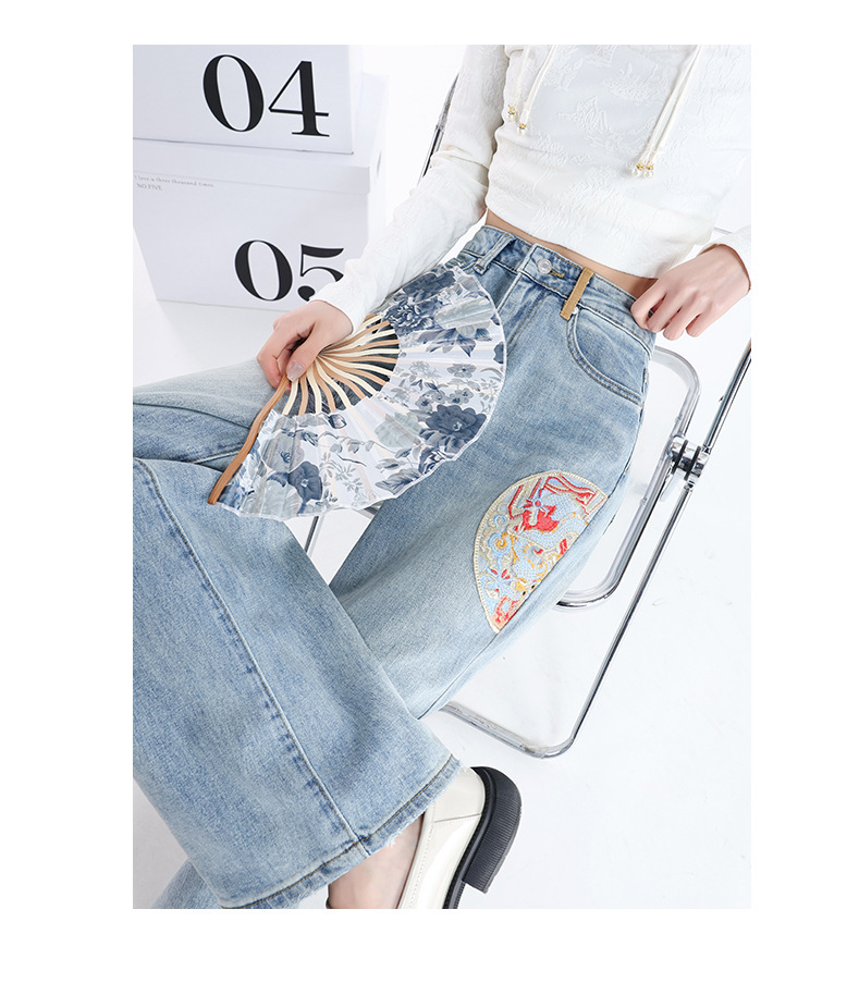 高腰窄版阔腿牛仔裤女春夏季新款新中式国风刺绣九分百搭直筒裤子详情13