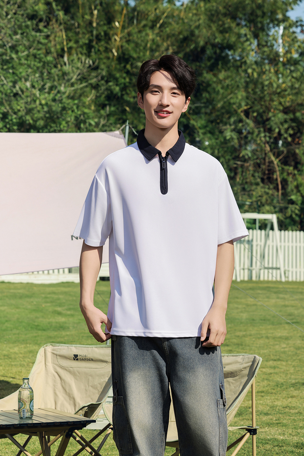 半拉链撞色polo衫工作服定制落肩翻领短袖刺绣学院风个性班服印字详情18