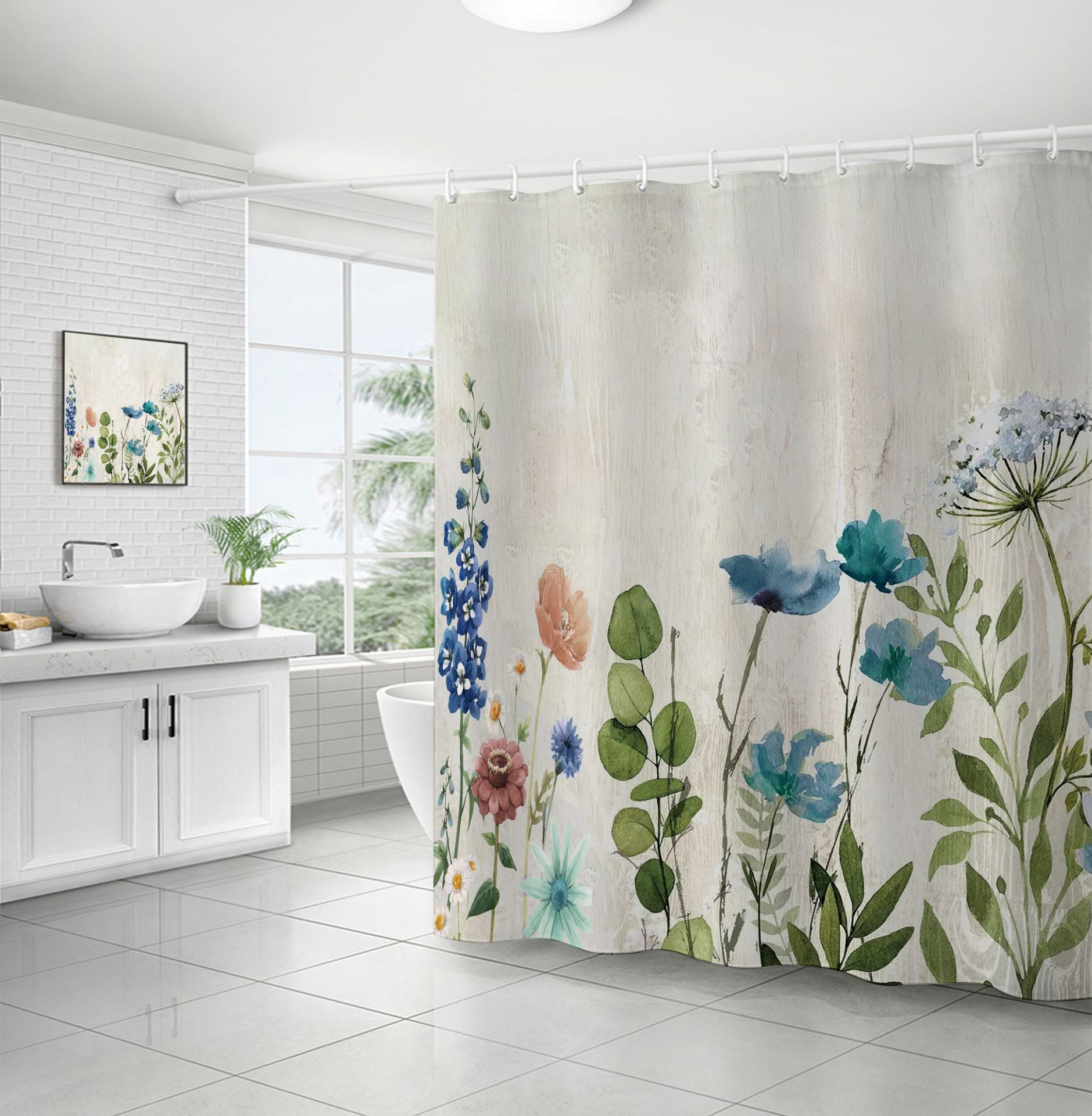 Cross-border direct sales of flower and plant bath curtains, fresh and simple floral waterproof and moisture-proof polyester isolation curtains pic 23