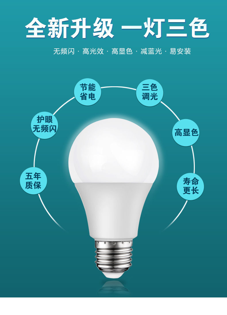 A60 bulb, E27 screw-top LED bulb, energy-saving bulb, three-color variable light A-bulb, high-brightness eye-protecting, flicker-free bulb pic 2