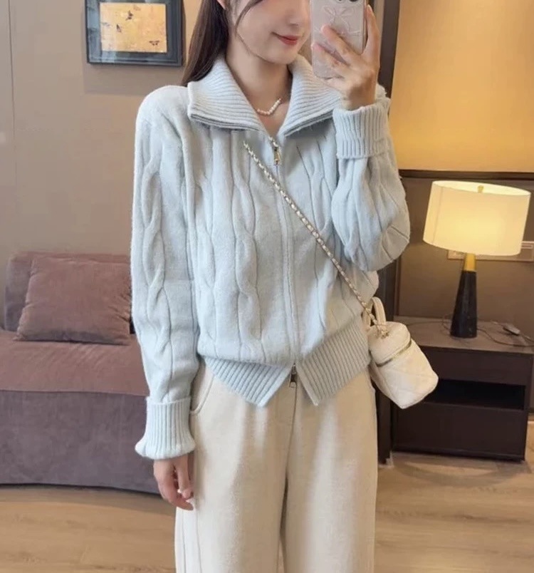 Solid-color casual double-zipper twisted knit cardigan coat, fashionable and versatile, new autumn and winter style sweater top for women pic 14