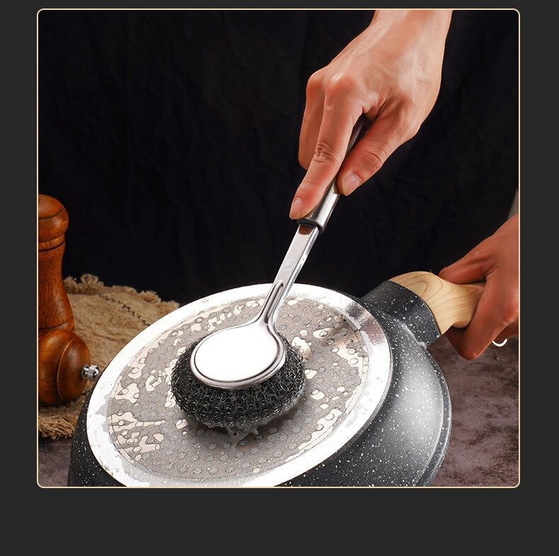 Stainless steel pot brush, kitchen-specific pot washing steel wool ball brush, long-handled dish cleaning brush, easy to clean POTS without shedding threads pic 11